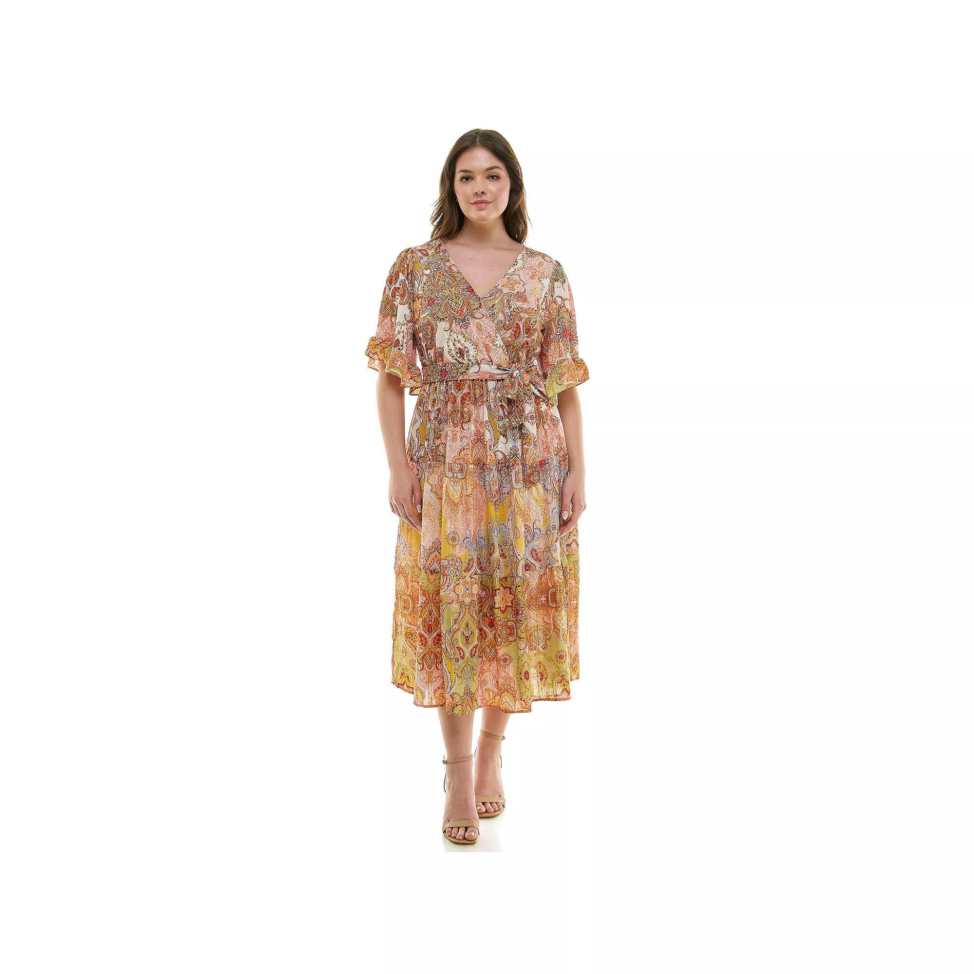 Plus Size Figueroa & Flower Printed V-Neck Tiered Maxi Dress, Women's, Size: 1XL, Ivory Pink Product Image