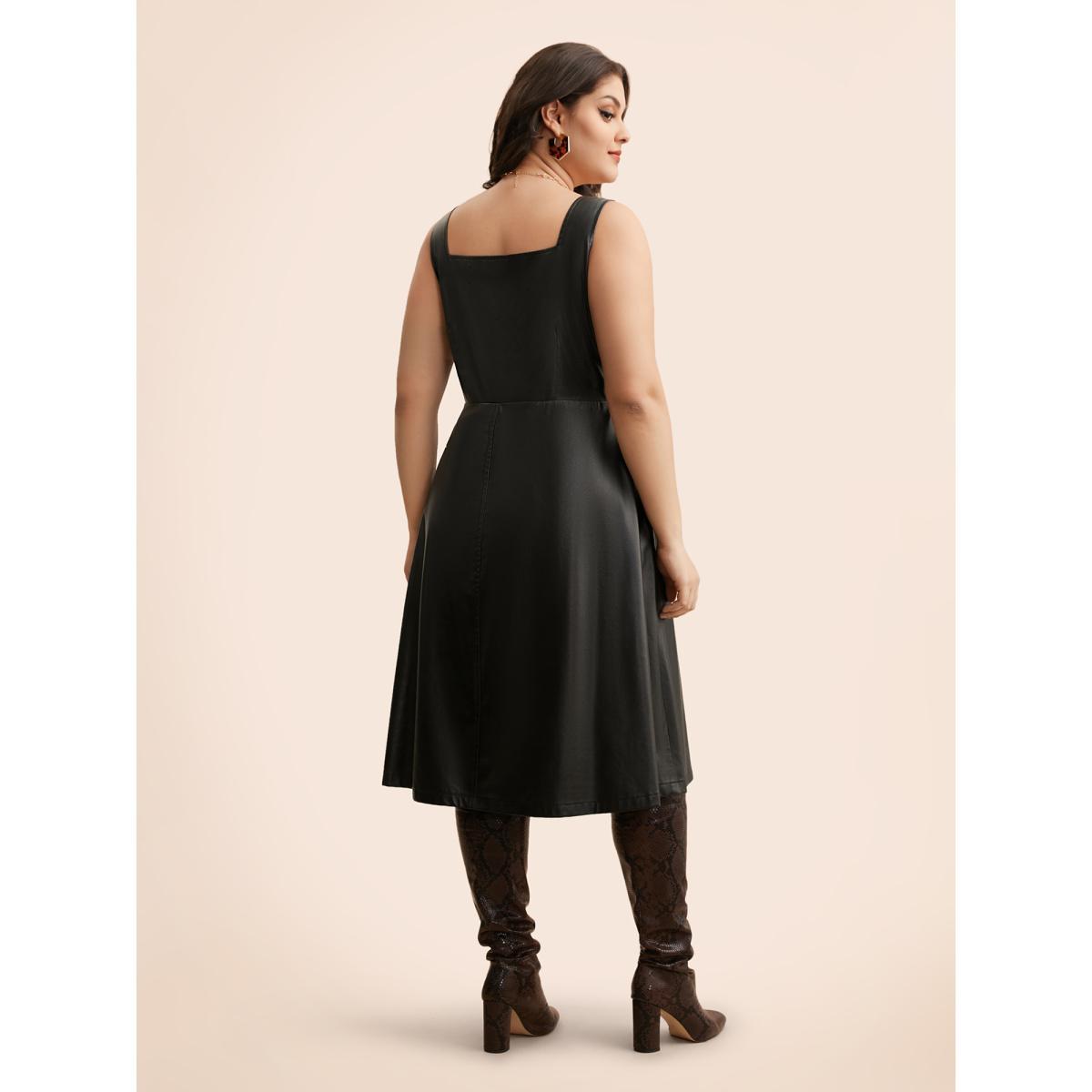Plus Size Solid PU Leather Laser Cut Dress Black Women Elegant Texture Square Neck Sleeveless Curvy BloomChic 10/M Product Image