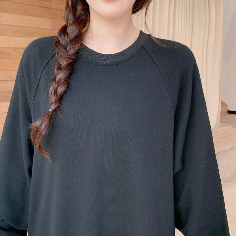 Long Sleeve Round Neck Ruffle Hem Plain Maxi Dress Product Image