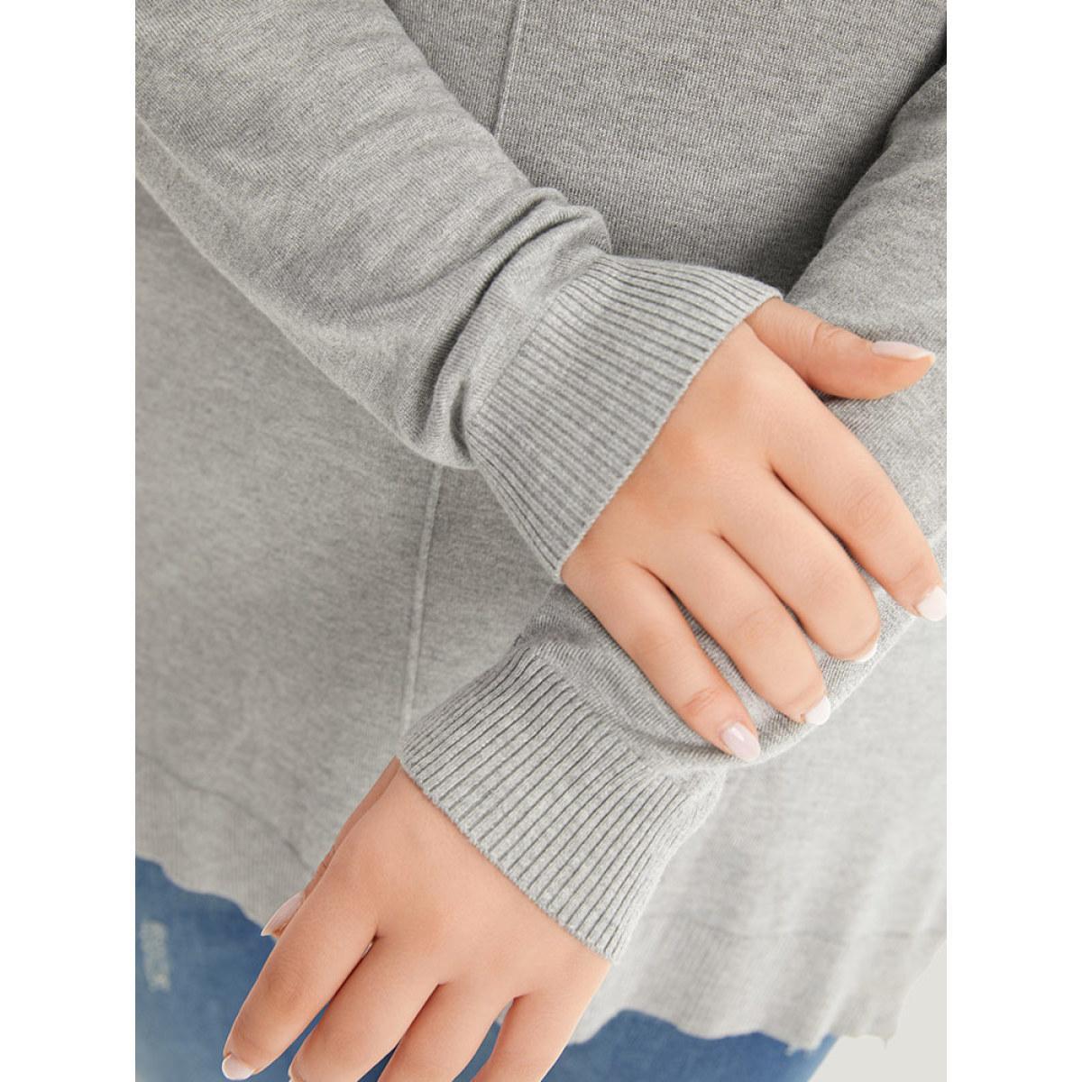 Plus Size Supersoft Essentials Plain Patchwork Split Side Pullover LightGray Women Casual Loose Long Sleeve V-neck Everyday Pullovers BloomChic 14-16/1X Product Image