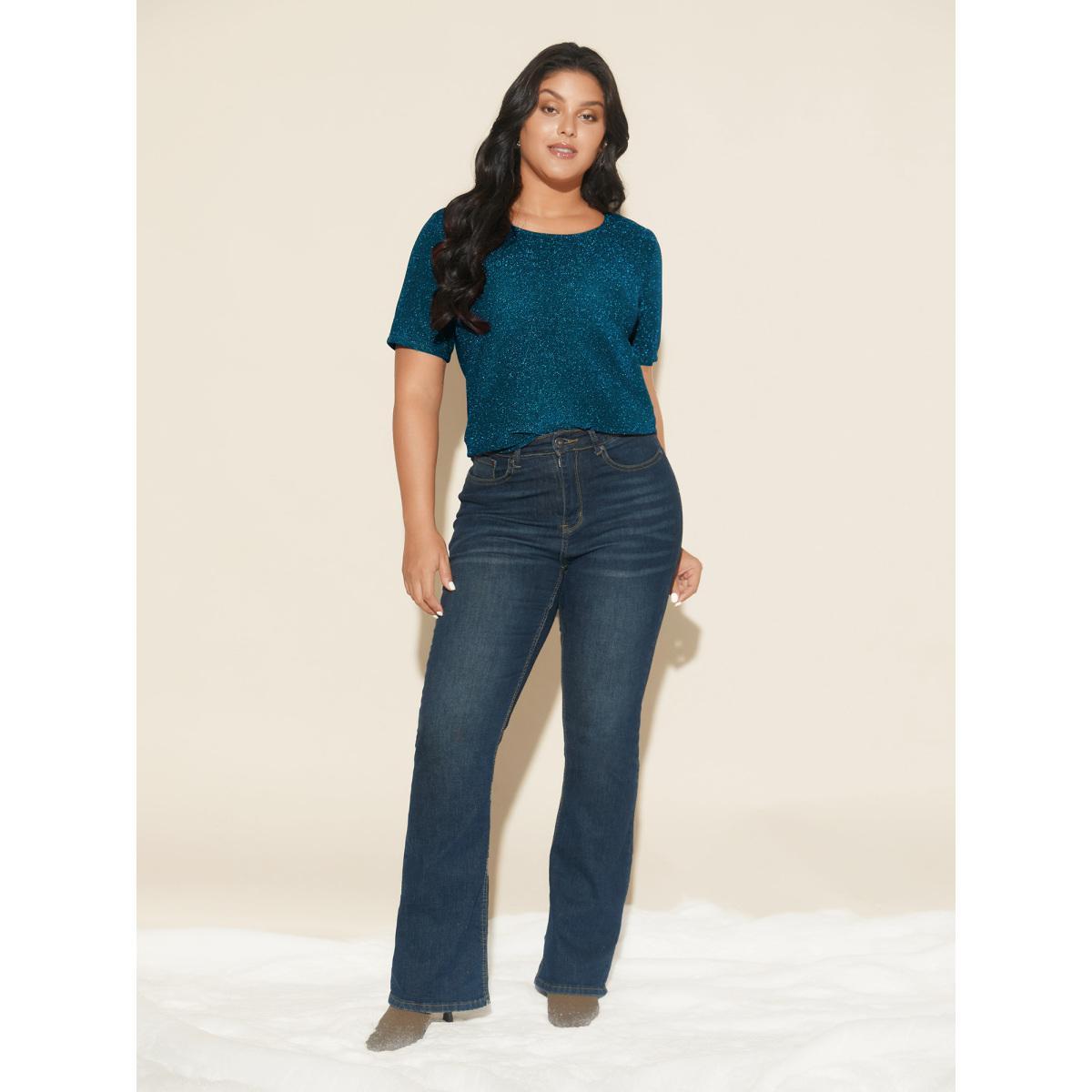 Plus Size Shimmering Gold & Silver Thread A-Line Tee Black Women Casual Non Round Neck Loose Everyday T-shirts BloomChic 10/M Product Image