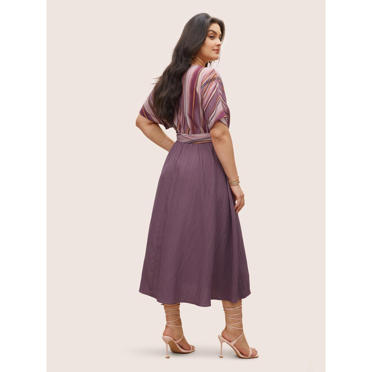 Plus Size Striped Patchwork Overlap Collar Ties Dress Mauve Women Resort Non Overlap Collar Short sleeve Curvy Midi Dress BloomChic 30/6X Product Image
