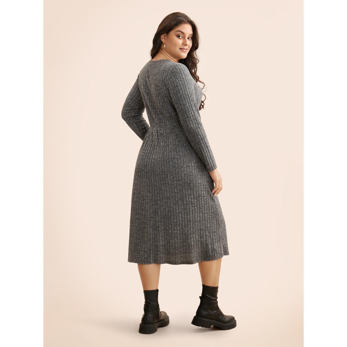 Plus Size Crew Neck Button Detail Slim Fit Dress DimGray Women Casual Texture Round Neck Long Sleeve Curvy BloomChic 10/M Product Image