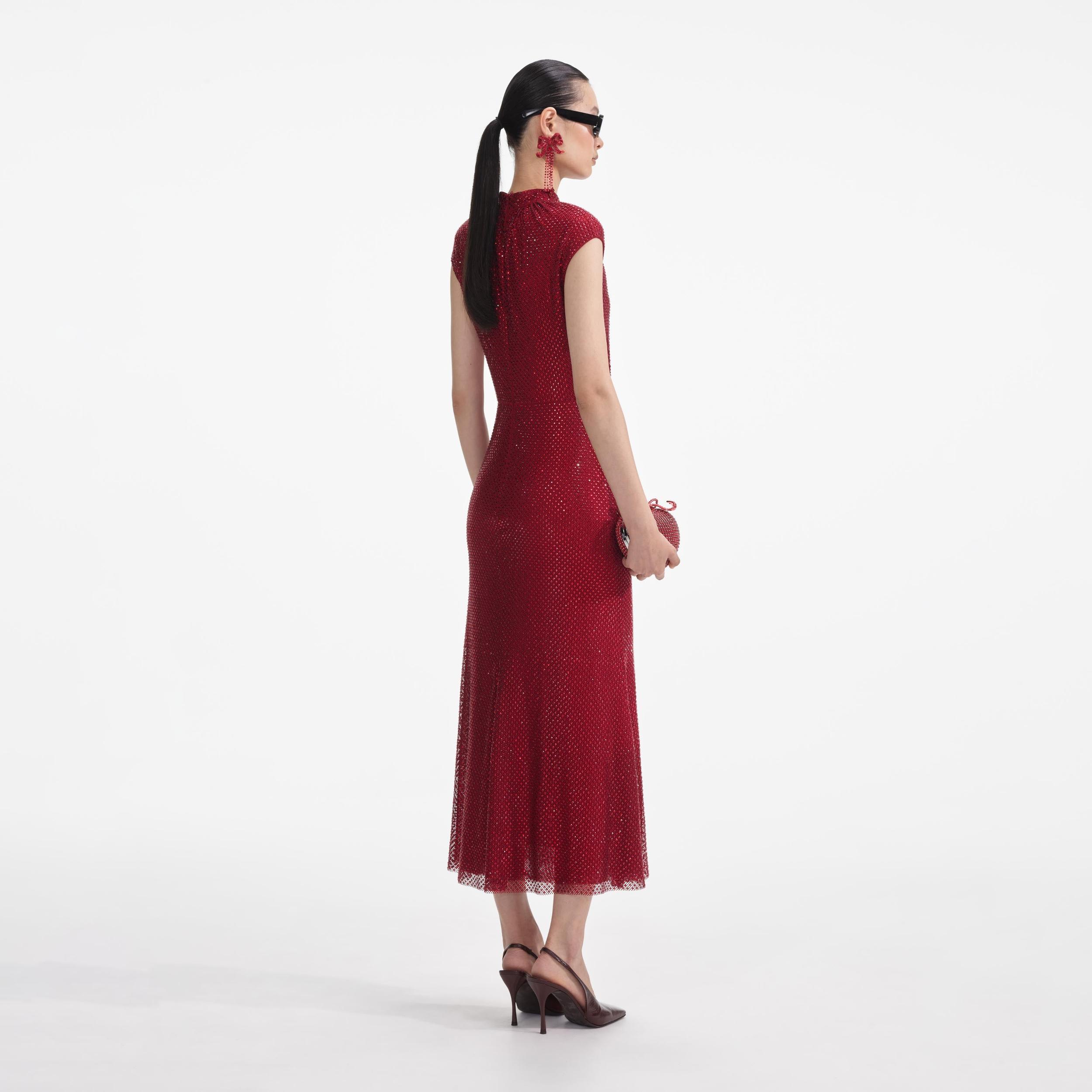 Red Rhinestone Fishnet Midi Dress Product Image
