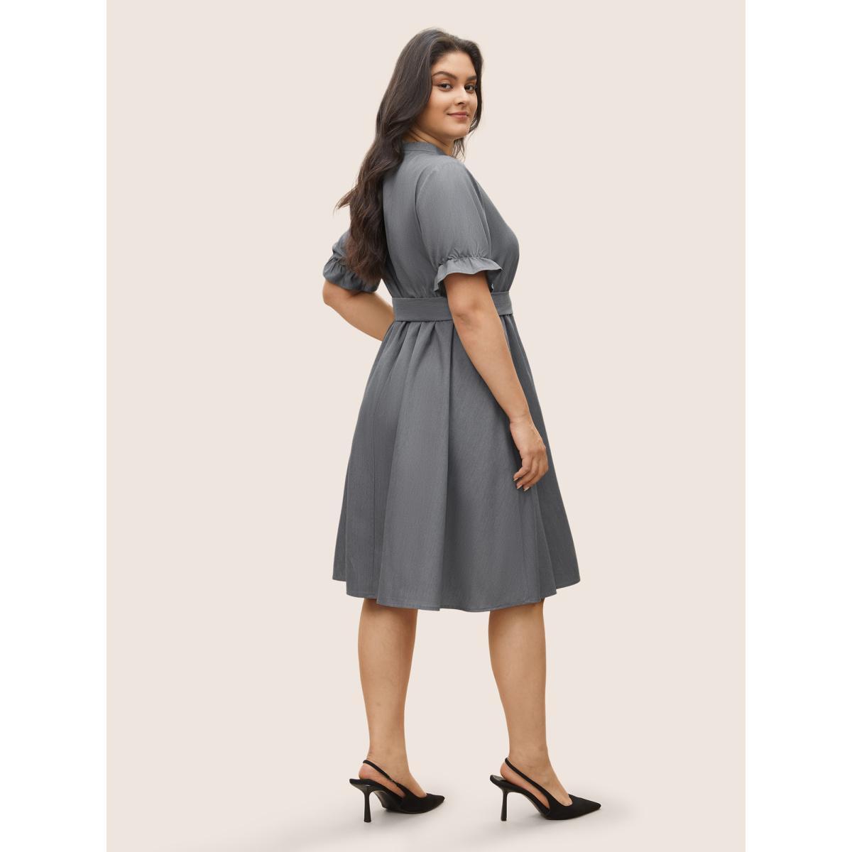 Plus Size Notched Button Detail Elastic Waist Belted Dress Gray Women At the Office Non Notched collar Short sleeve Curvy Midi Dress BloomChic 12/L Product Image