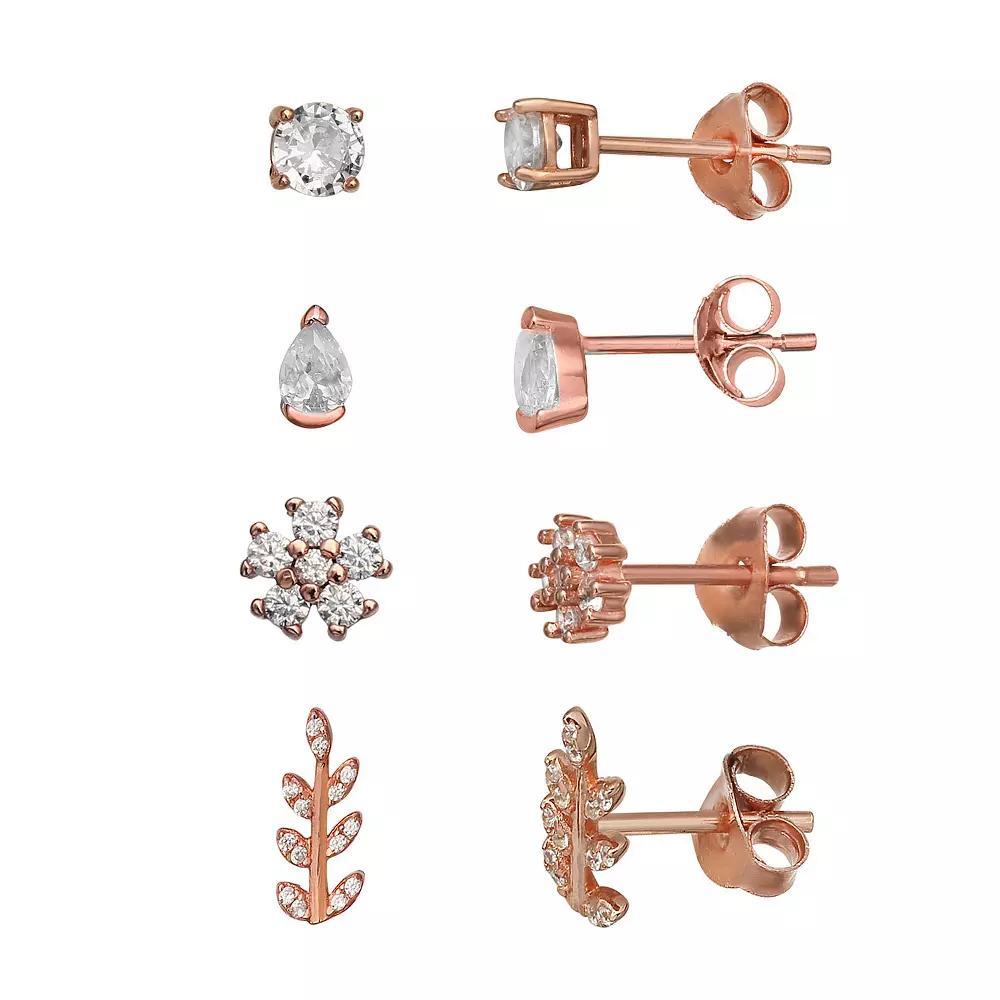 PRIMROSE 4-Pair 18k Gold Over Silver Cubic Zirconia Stud Earring Set, Women's, Two Tone Rose Gold Product Image