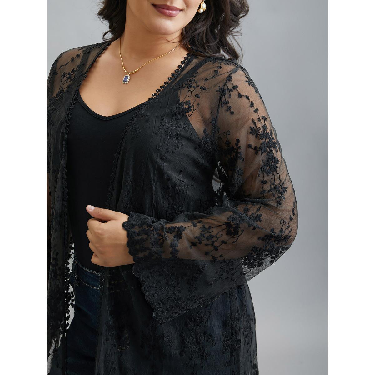 Plus Size Lace Embroidered Sheer Open-Front Kimono Women Black Elegant Woven ribbon&lace trim Loose Everyday Kimonos BloomChic 18-20/2X Product Image