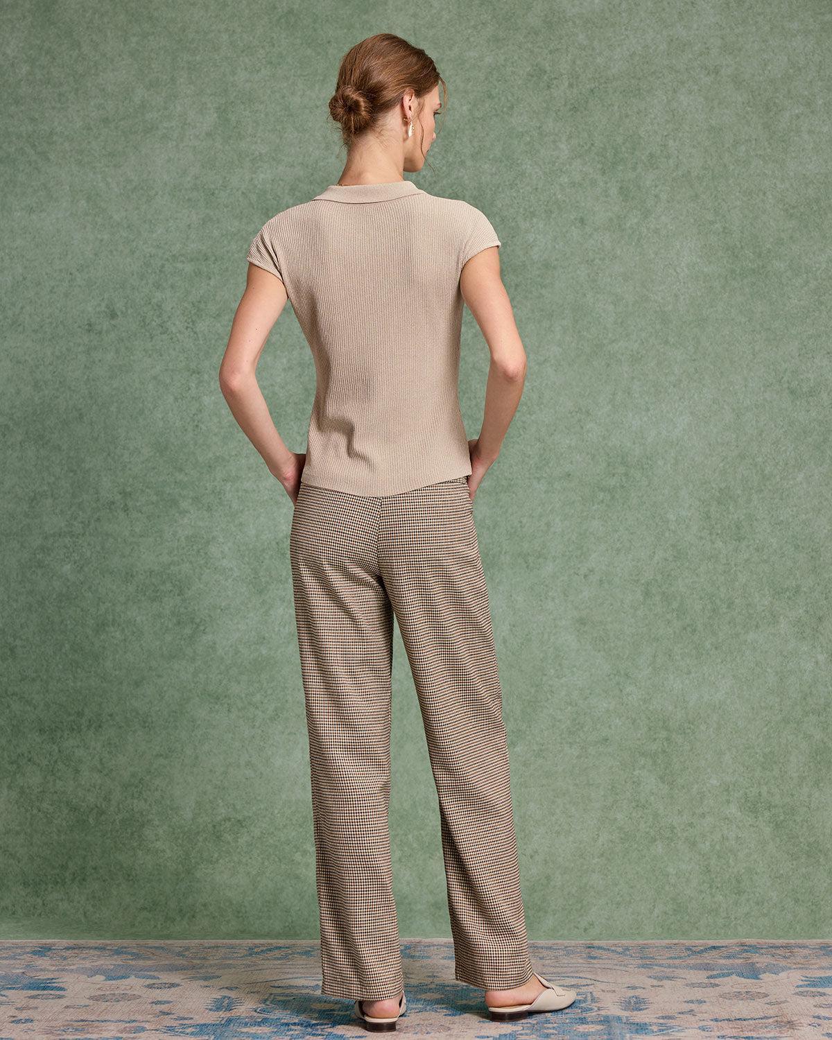 Beige Cap Sleeve Button Knit Tee Product Image
