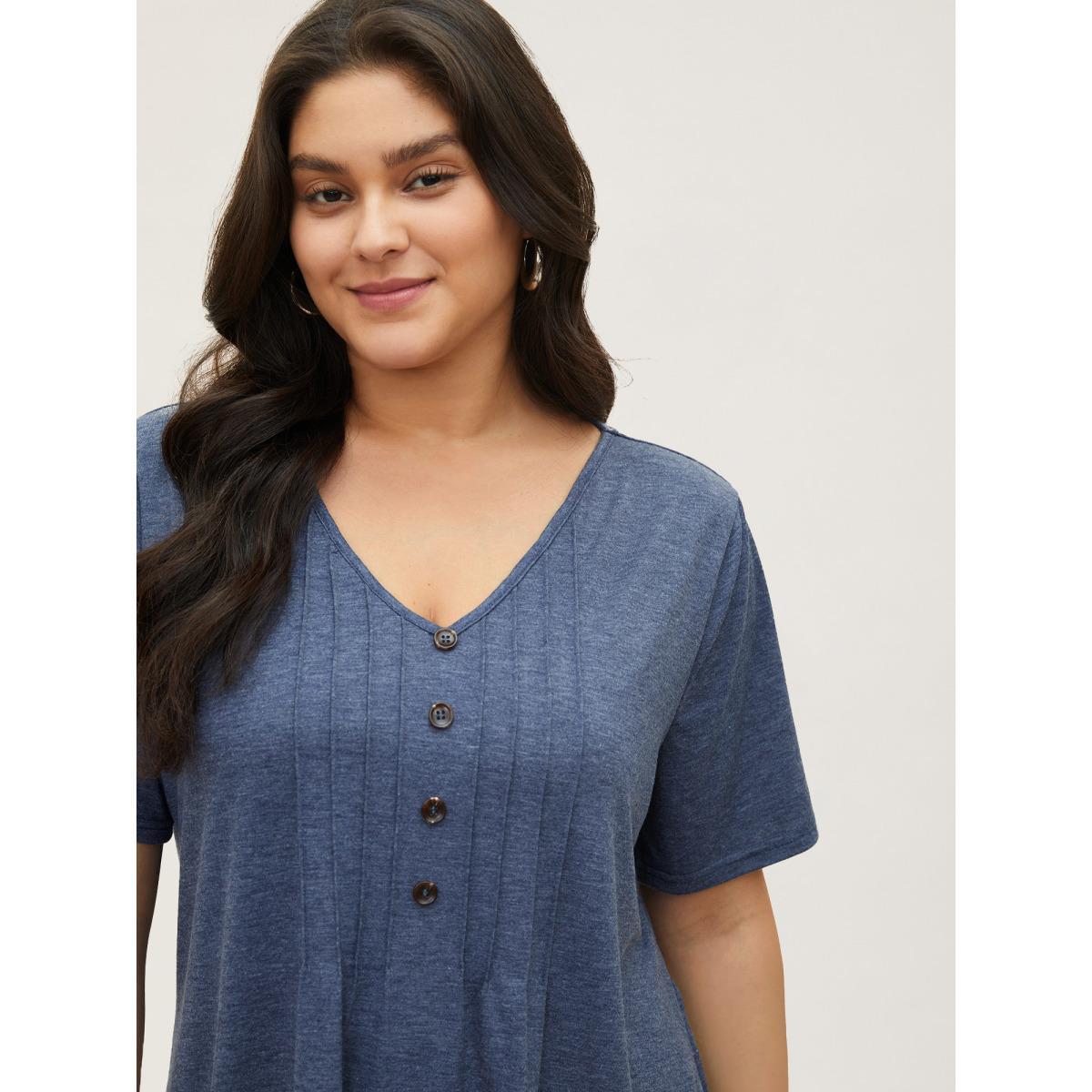 Plus Size Solid Pleated Front Button Detail V Neck T-shirt Stone Women Casual Button Plain Everyday T-shirts BloomChic 22-24/3X Product Image