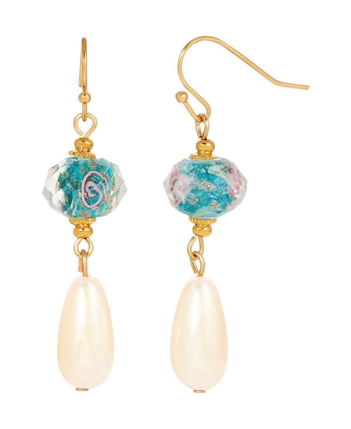 1928 Gold Tone Simulated Crystal and Pearl Drop Earrings, Womens, Blue Product Image