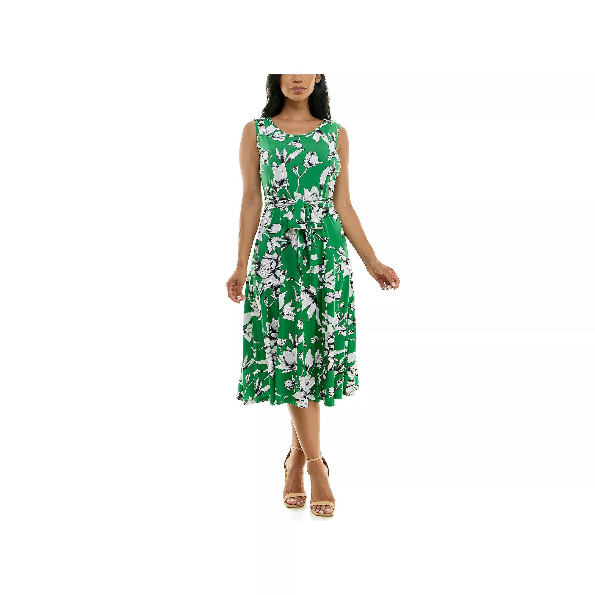 Women's Nina Leonard Belted Sleeveless Print Midi Dress, Size: XL, Brown Team Product Image