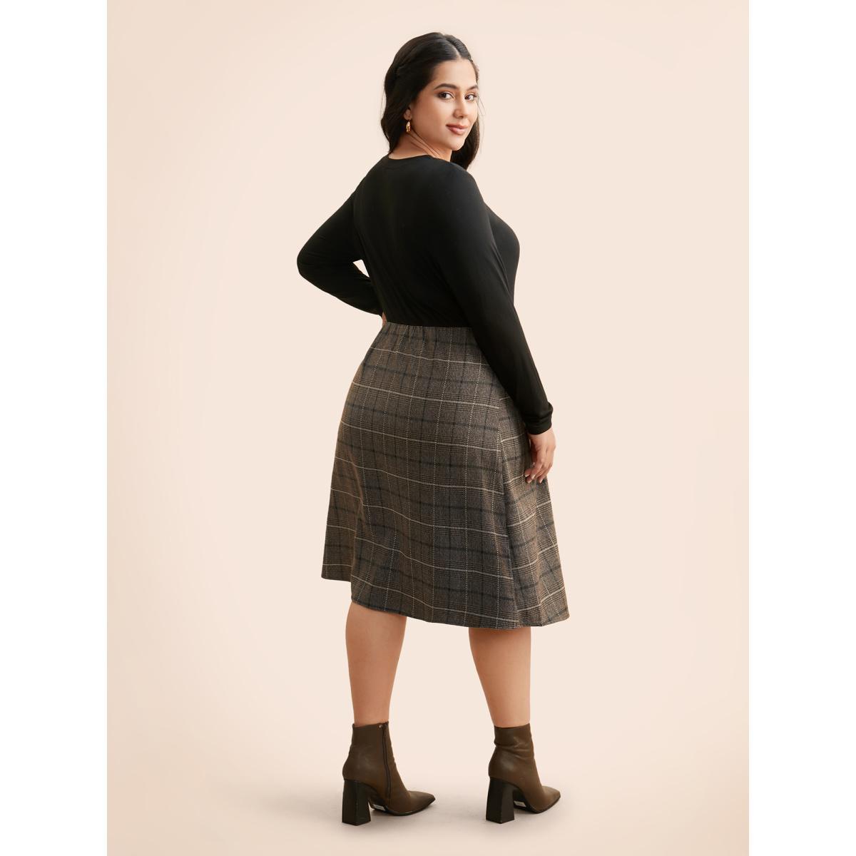 Plus Size Plaid Patchwork Buckle Detail Pleated Dress Browncoffeecolor Women At the Office Overlapping Round Neck Long Sleeve Curvy BloomChic 28/5X Product Image