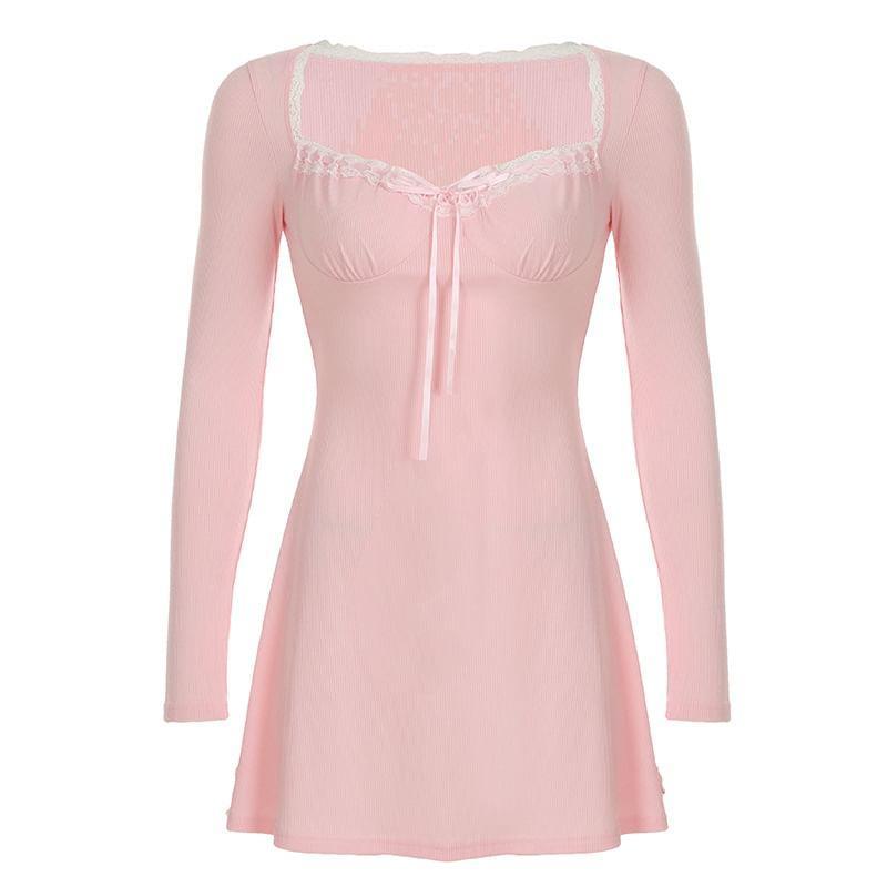 Long-Sleeve Bow Lace Trim Mini Sheath Dress Product Image