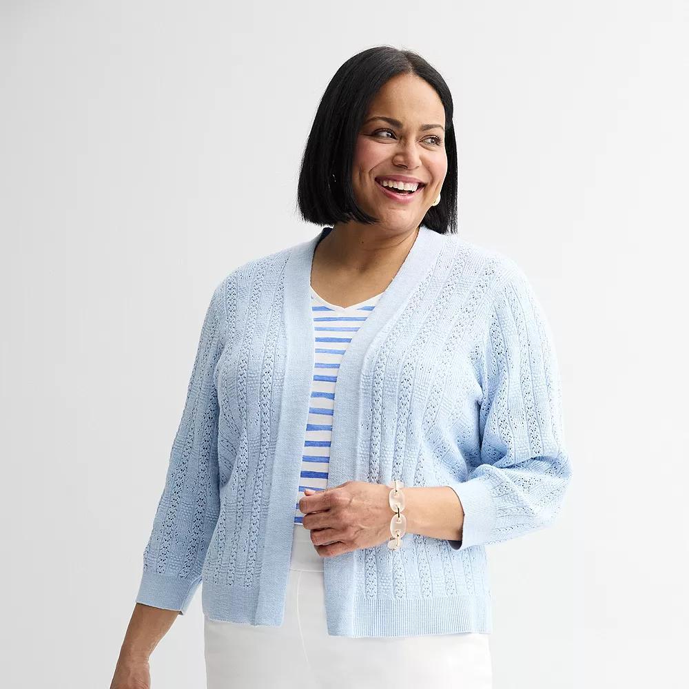 Plus Size Croft & Barrow® Pointelle Basket Open Front Cardigan, Women's, Size: 5XL, Light Blue Product Image