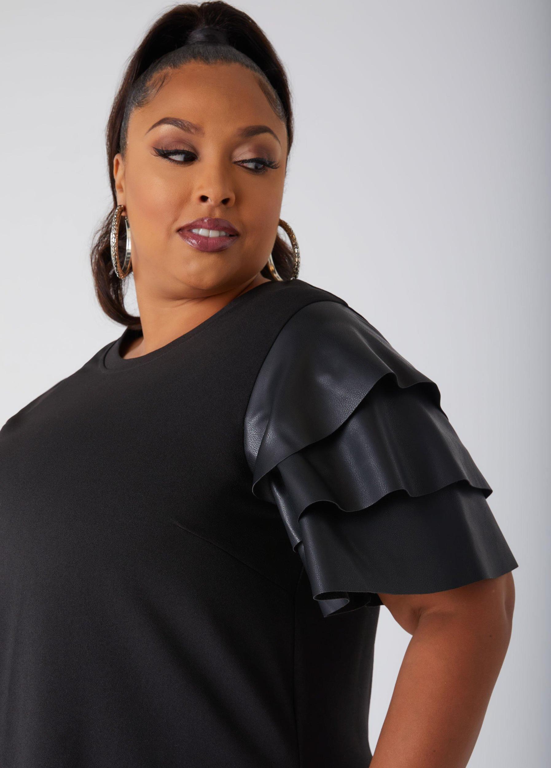 Plus Size Ruffled Faux Leather Paneled Dress Ashley Stewart Product Image