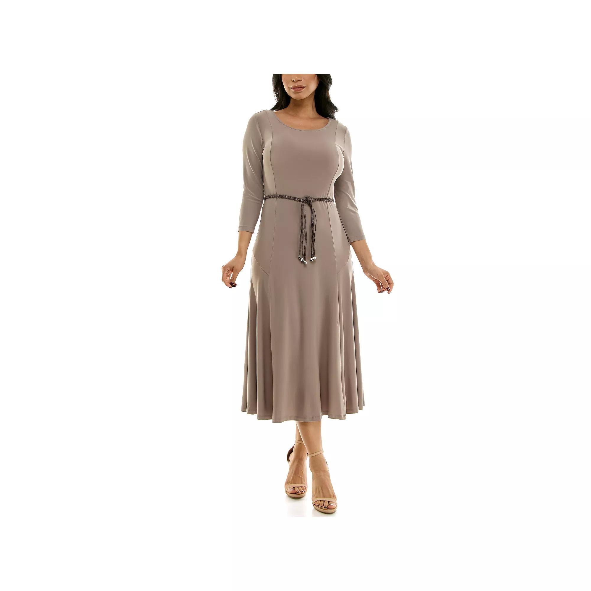 Women's Nina Leonard Sylvia Three-Quarter Sleeve Belted Midi Dress, Size: Small, Mink Product Image