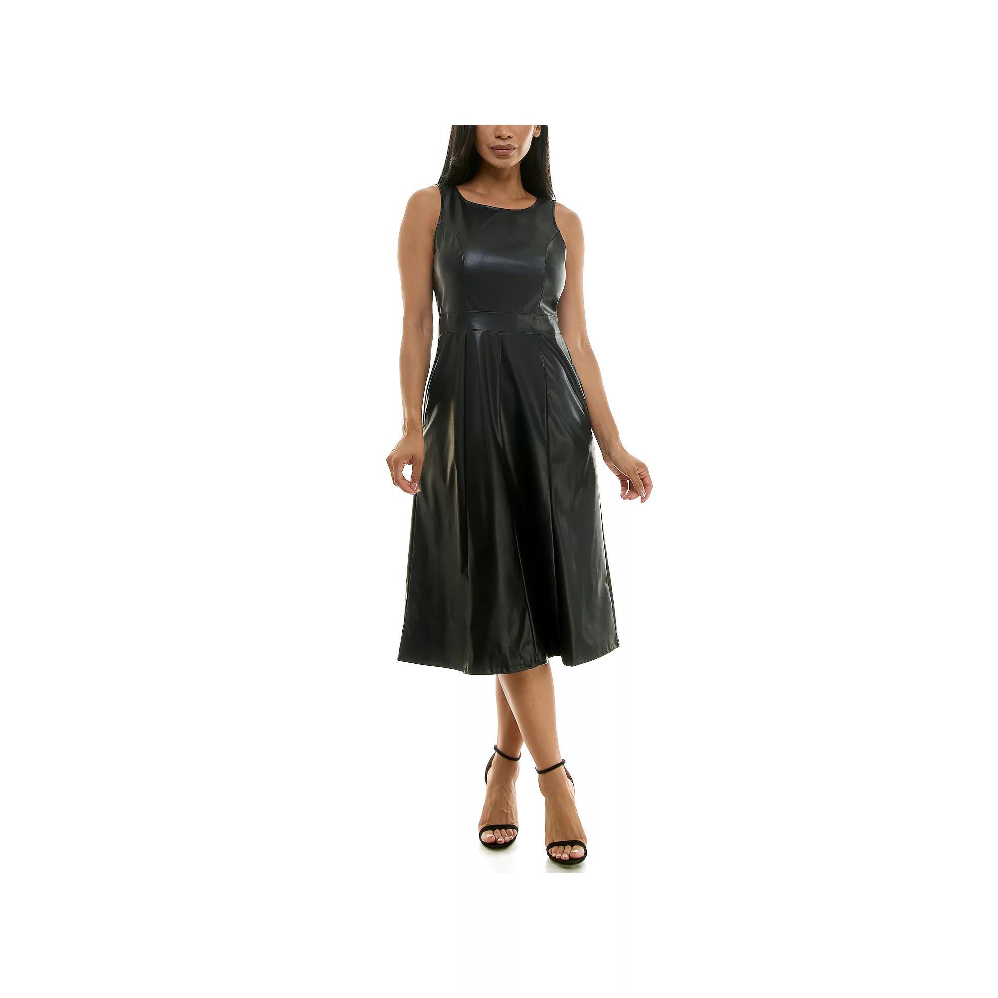 Womens Nina Leonard Faux Leather Fit & Flare Midi Dress Product Image