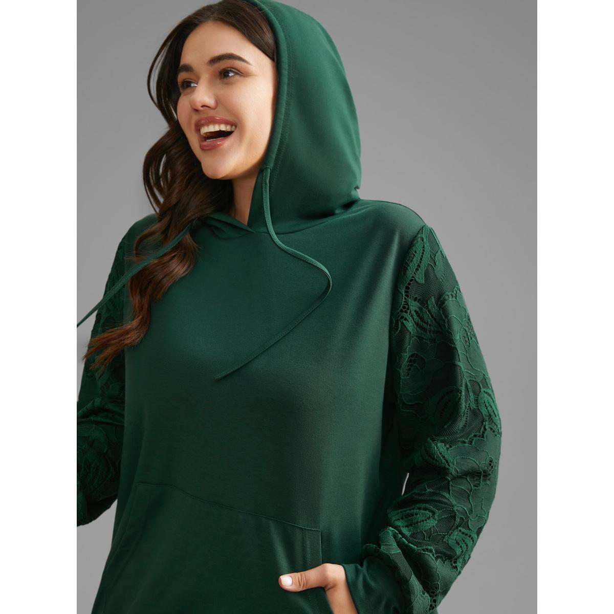 Plus Size Lace Patchwork Pocket Hooded Drawstring Sweatshirt Women DarkGreen Casual Patchwork Hooded Everyday Sweatshirts BloomChic 22-24/3X Product Image