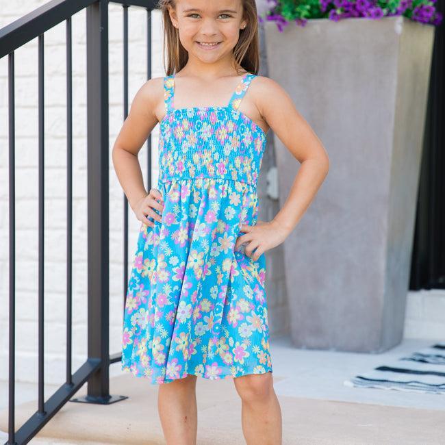 Kid's Sunny Skies Blue Floral Mini Dress SALE Product Image