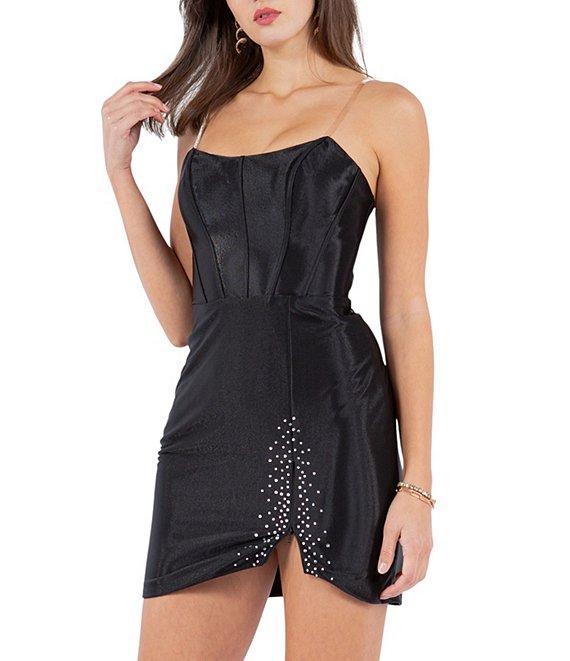 Cinderella Couture Clear Strap Corseted Rhinestone Front-Slit Cut-Out Back Mini Dress Product Image