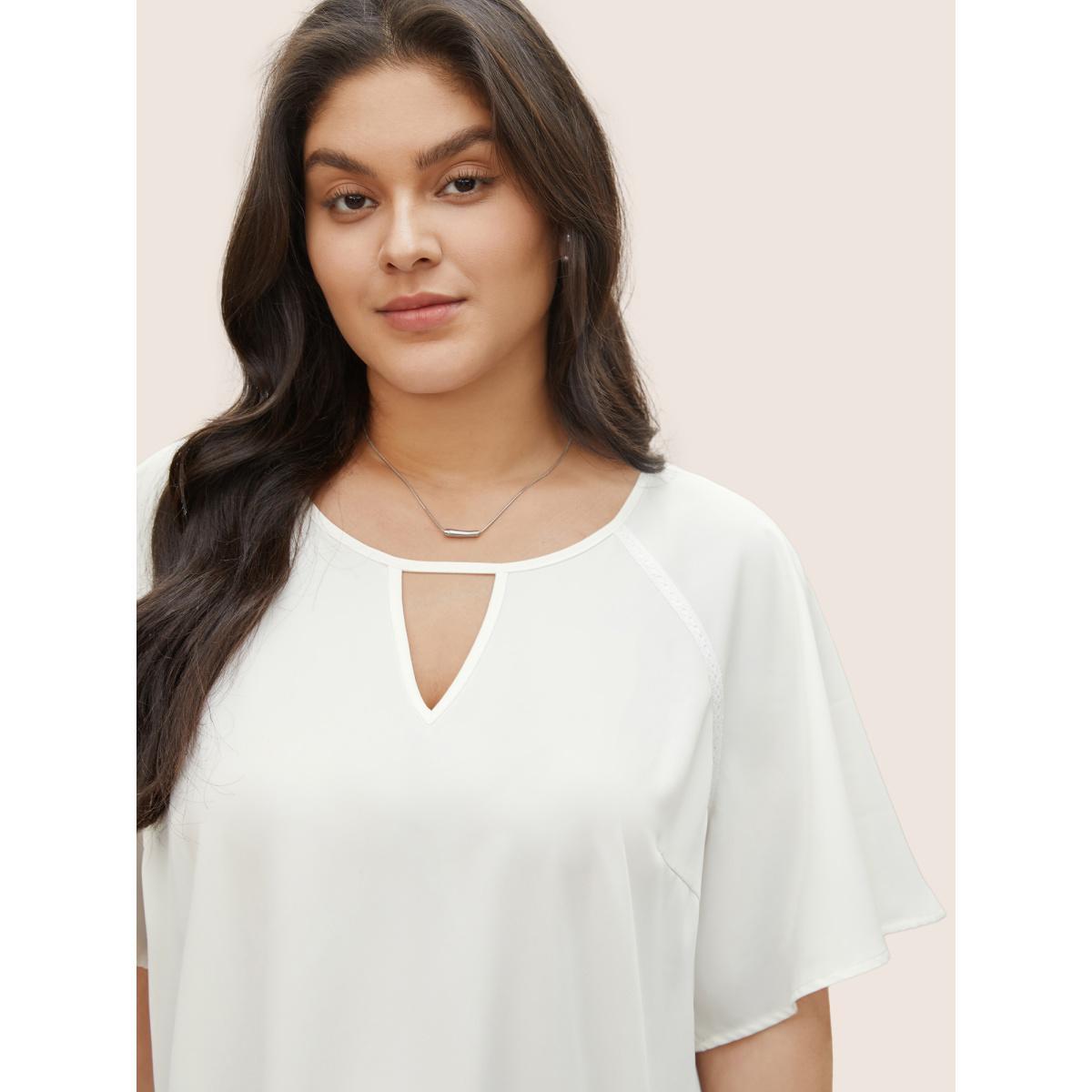 Plus Size Ivory Solid Lace Panel Keyhole Ruffle Sleeve Blouse Women Work From Home Short sleeve Round Neck Work Blouses BloomChic 12/L Product Image