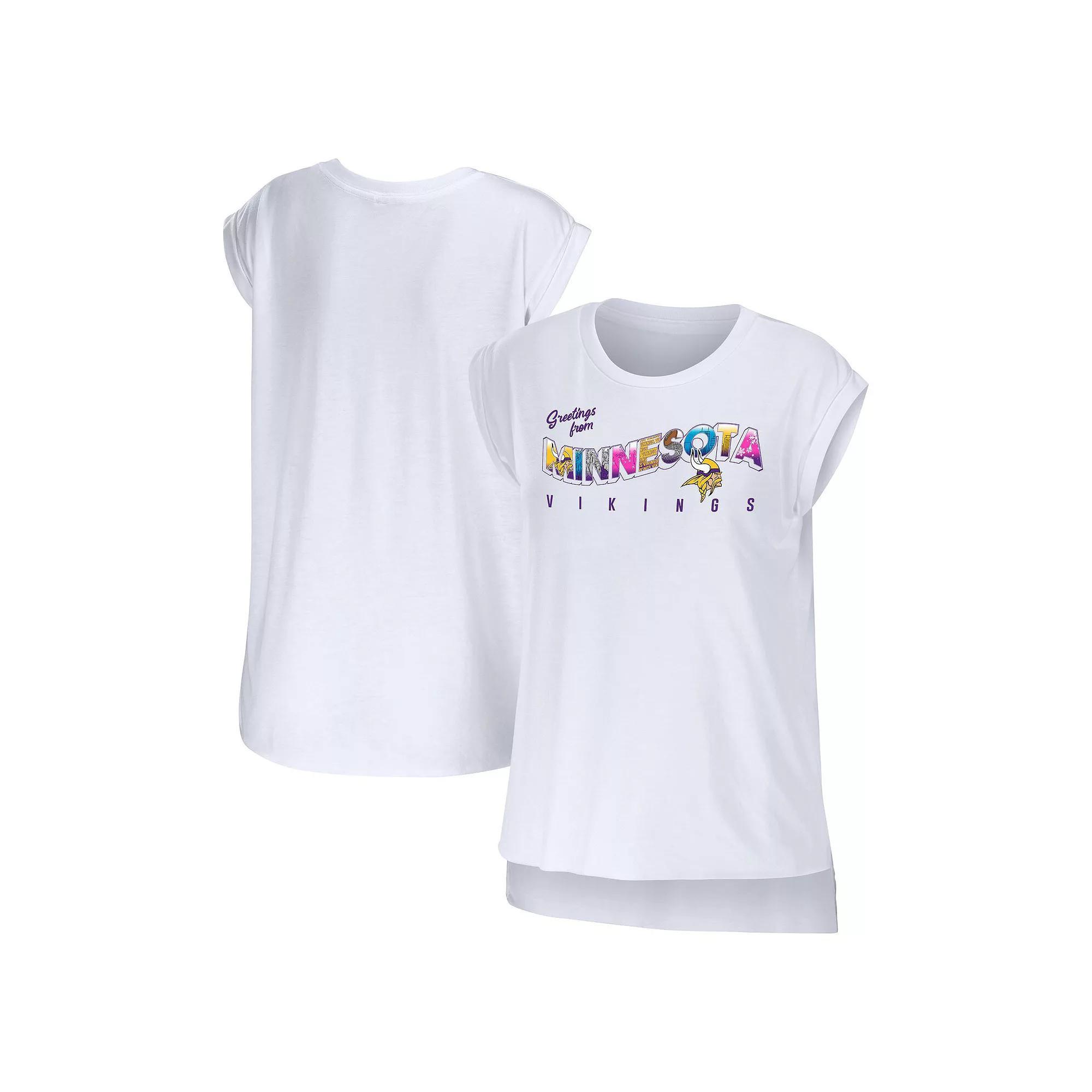 Women's WEAR by Erin Andrews White Minnesota Vikings Greetings From Muscle T-Shirt, Size: XS Product Image
