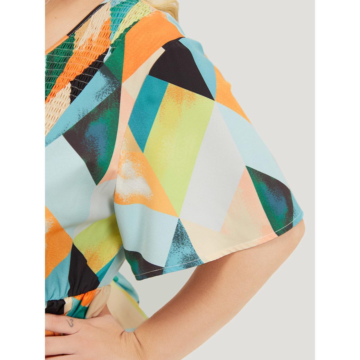Plus Size Geometric Print Shirred Ruffle Hem Pocket Dress Multicolor Women Elegant Gathered V-neck Short sleeve Curvy Midi Dress BloomChic 18-20/2X Product Image