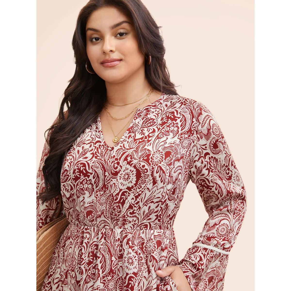 Plus Size Bandana Woven Ribbon Bell Sleeve Dress Scarlet Women Resort Woven ribbon&lace trim Notched collar Long Sleeve Curvy BloomChic 22-24/3X Product Image