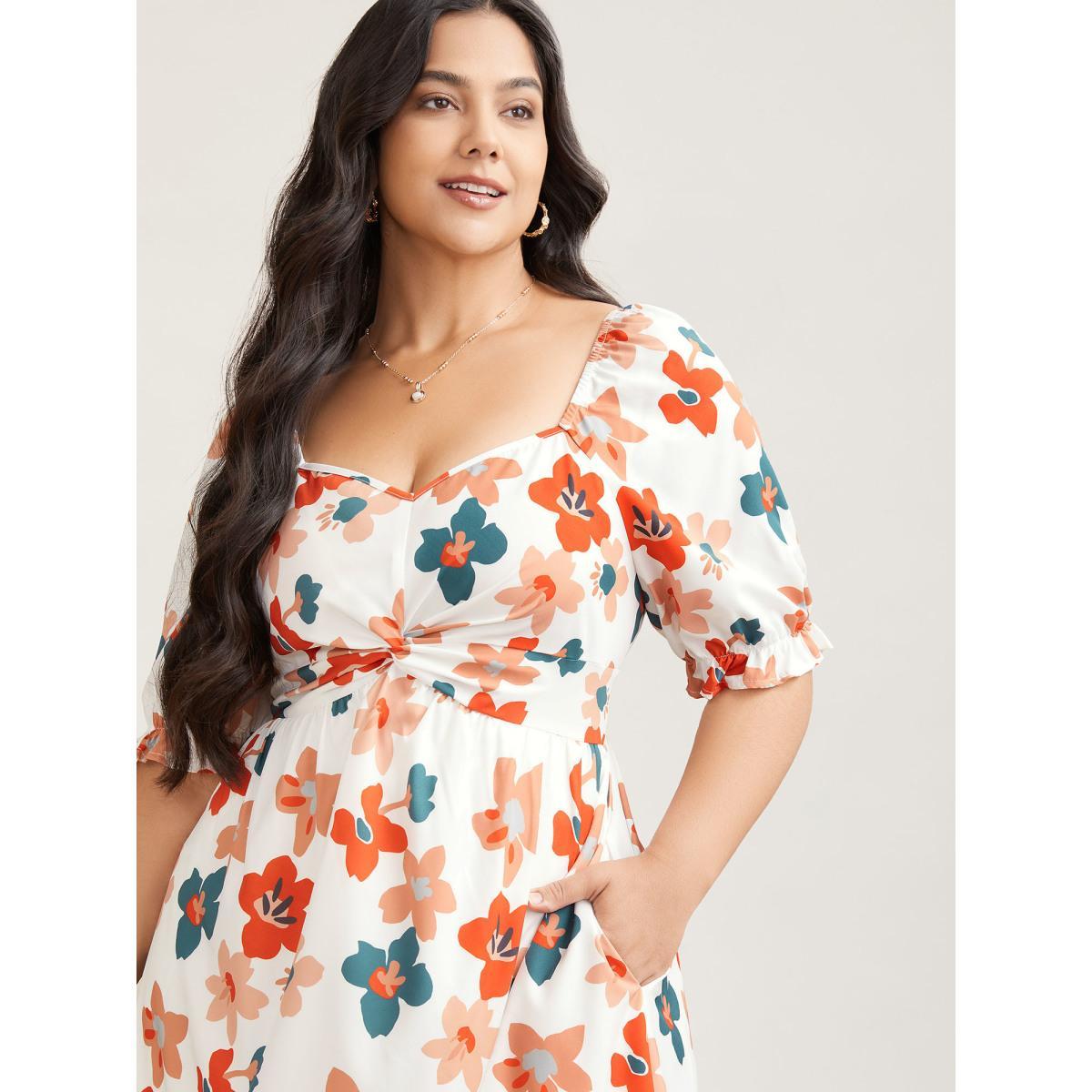 Plus Size Sweet Floral Front-Twist Lined Maxi Dress Multicolor Women Elegant Twist Heart neckline Short sleeve Curvy BloomChic 12/L Product Image