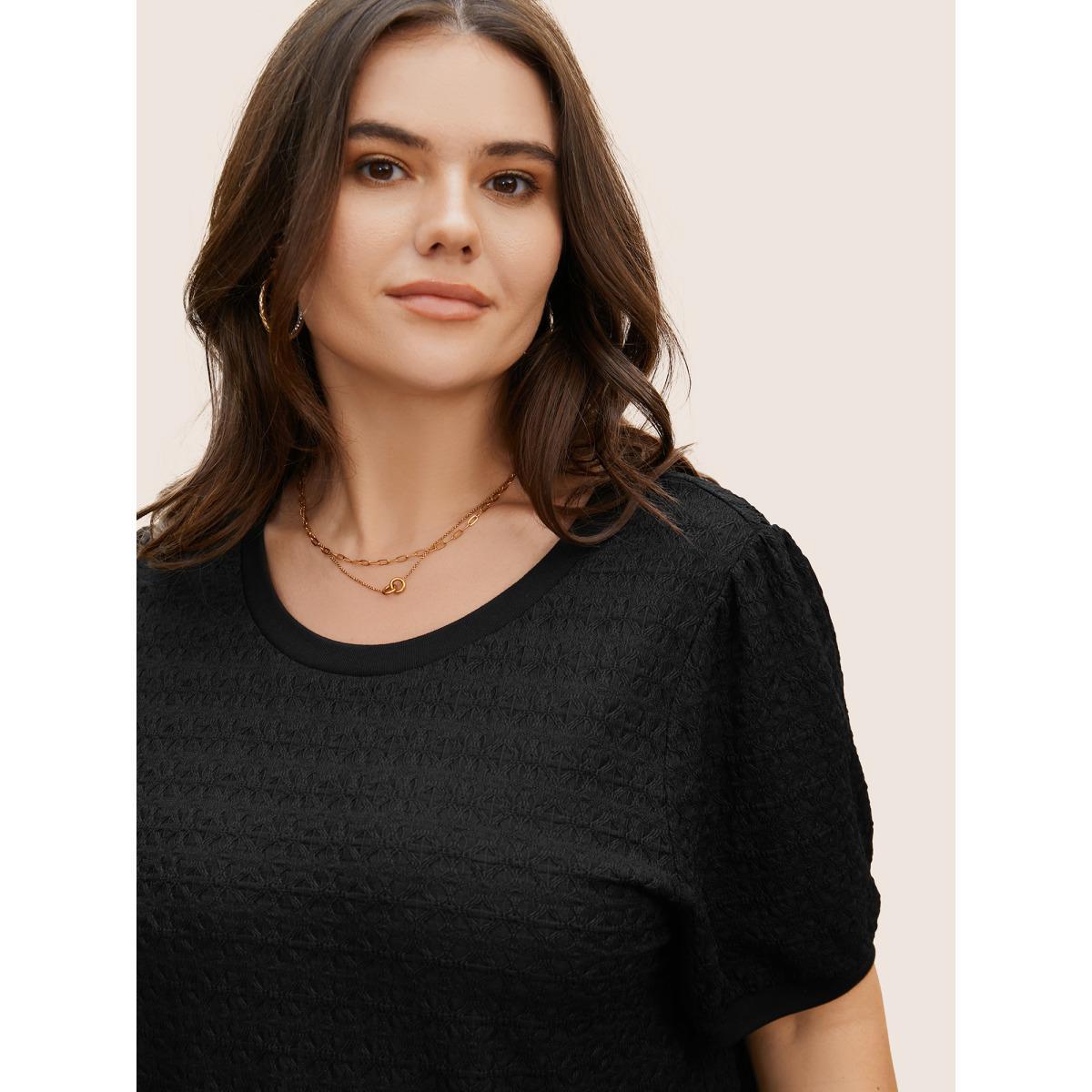 Plus Size Solid Textured Round Neck T-shirt Black Women Elegant Texture Round Neck Everyday T-shirts BloomChic 28/5X Product Image