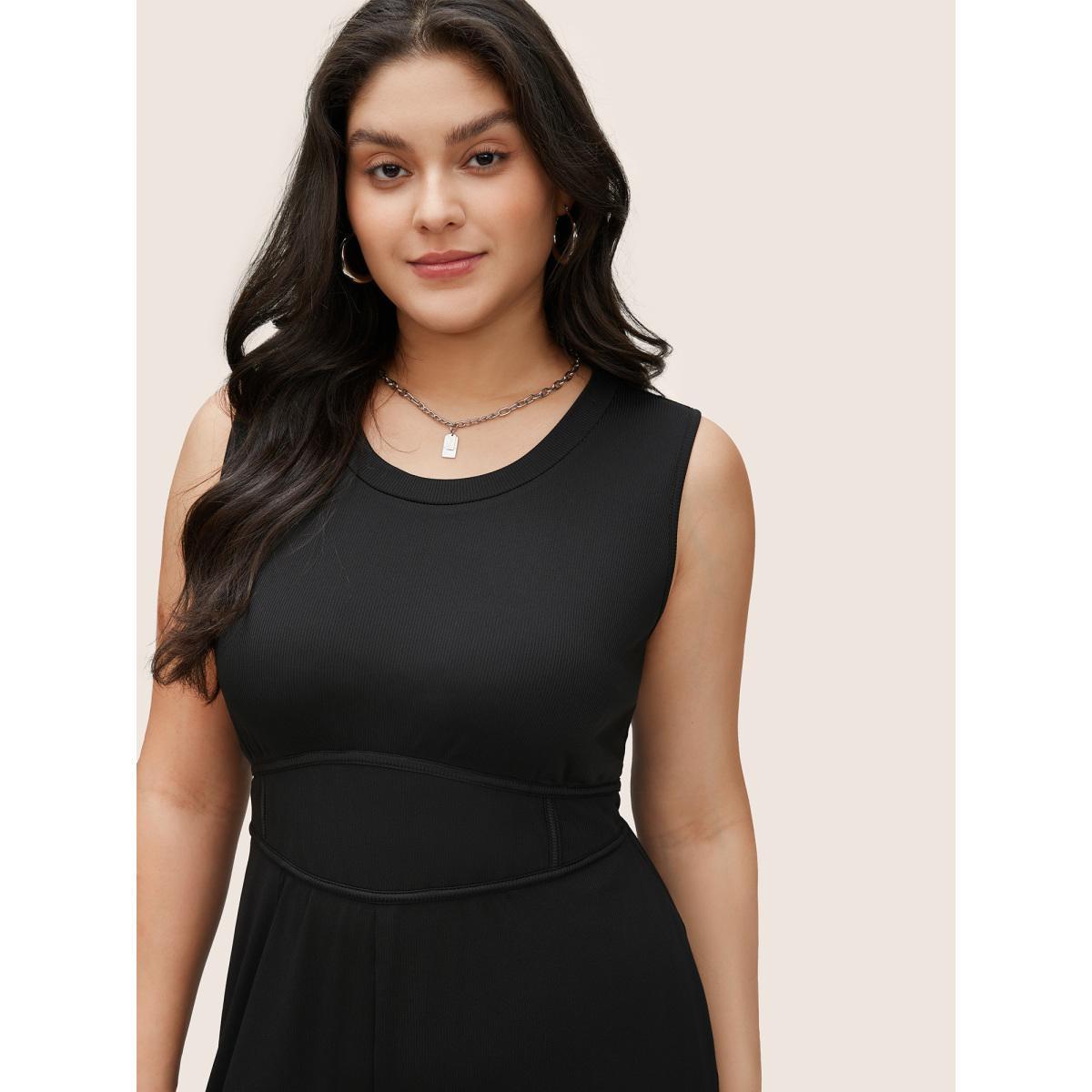 Plus Size Black Solid Rib Knit Pocket Seam Detail Tank Jumpsuit Women Casual Sleeveless Round Neck Everyday Loose Jumpsuits BloomChic 30/6X Product Image