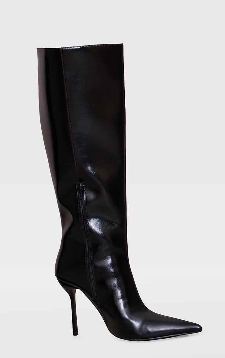 Black PU Point Toe Knee High Stiletto Heeled Boots Product Image