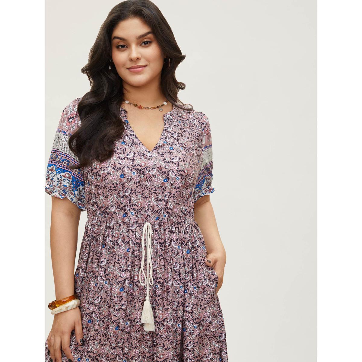 Plus Size Boho Print Notched Ties Tassel Trim Dress DustyPink Women Resort Non Flat collar with V-notch Short sleeve Curvy BloomChic 22-24/3X Product Image