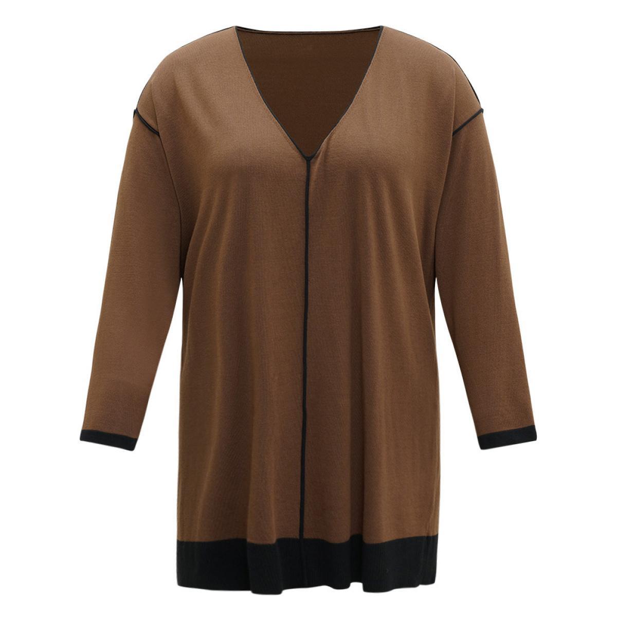 Plus Size Contrast Seam Detail Drop Shoulder Pullover DarkBrown Women Casual Loose Sleeveless V-neck Dailywear Pullovers BloomChic 28/5X Product Image