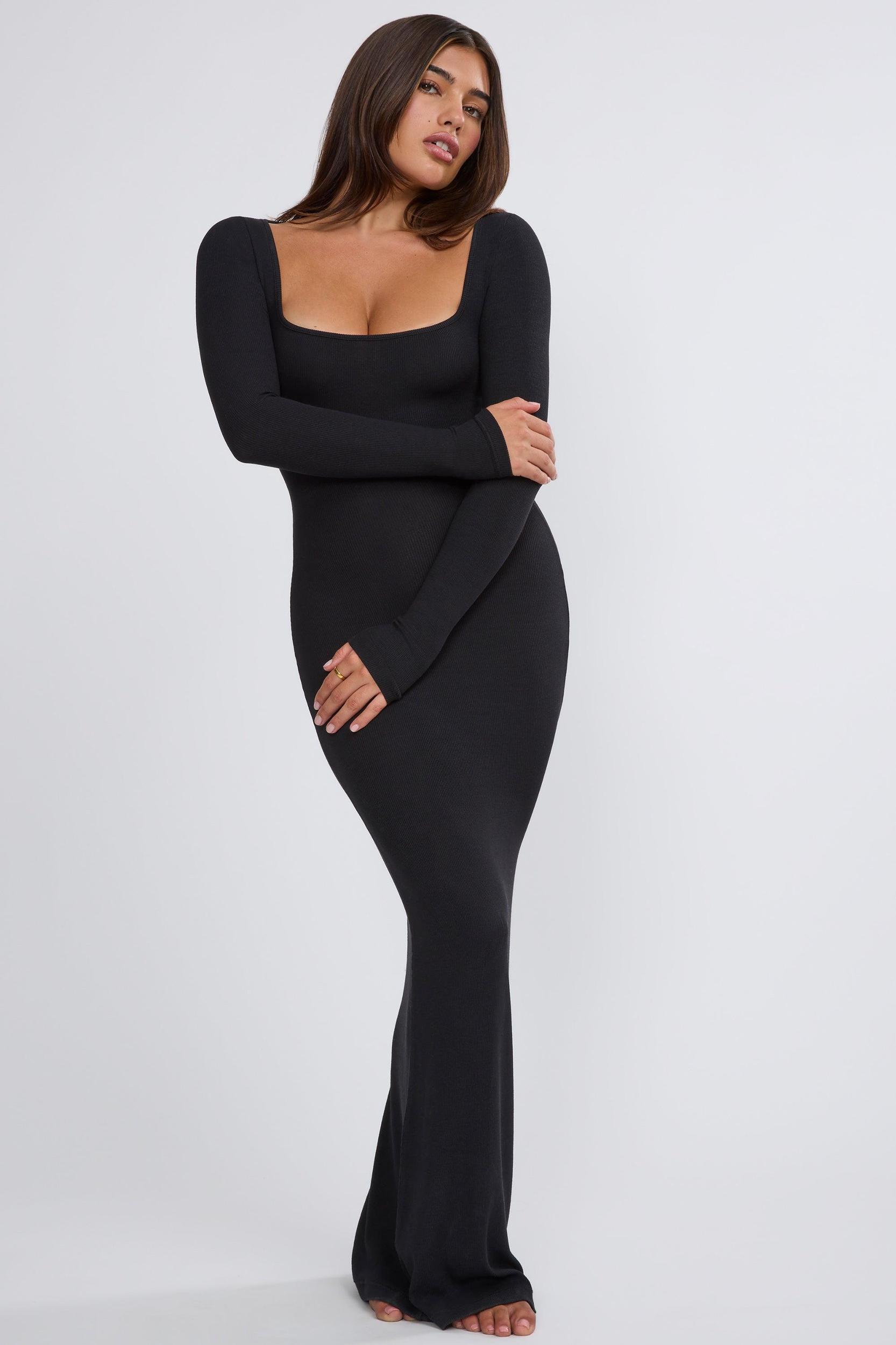 Ribbed Modal Long Sleeve Maxi Dress in Black Product Image