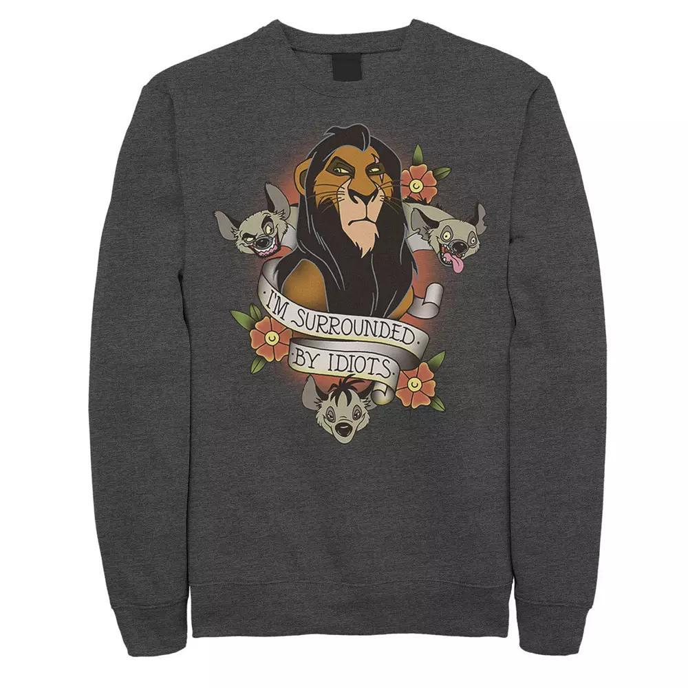 Disney's The Lion King Men's Scar With Hyenas Surrounded By Idiots Graphic Fleece Pullover, Size: XXL, Grey Heather Product Image