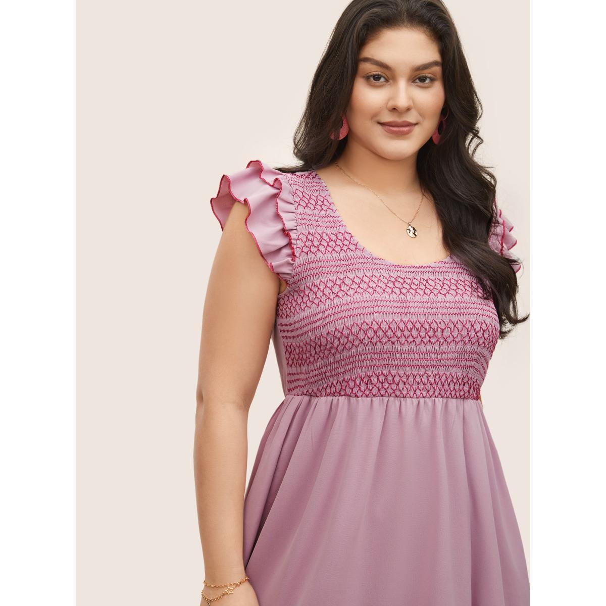 Plus Size Plain Shirred Tiered Flounce Sleeve Dress Pink Women Resort Non Square Neck Cap Sleeve Curvy Midi Dress BloomChic 22-24/3X Product Image