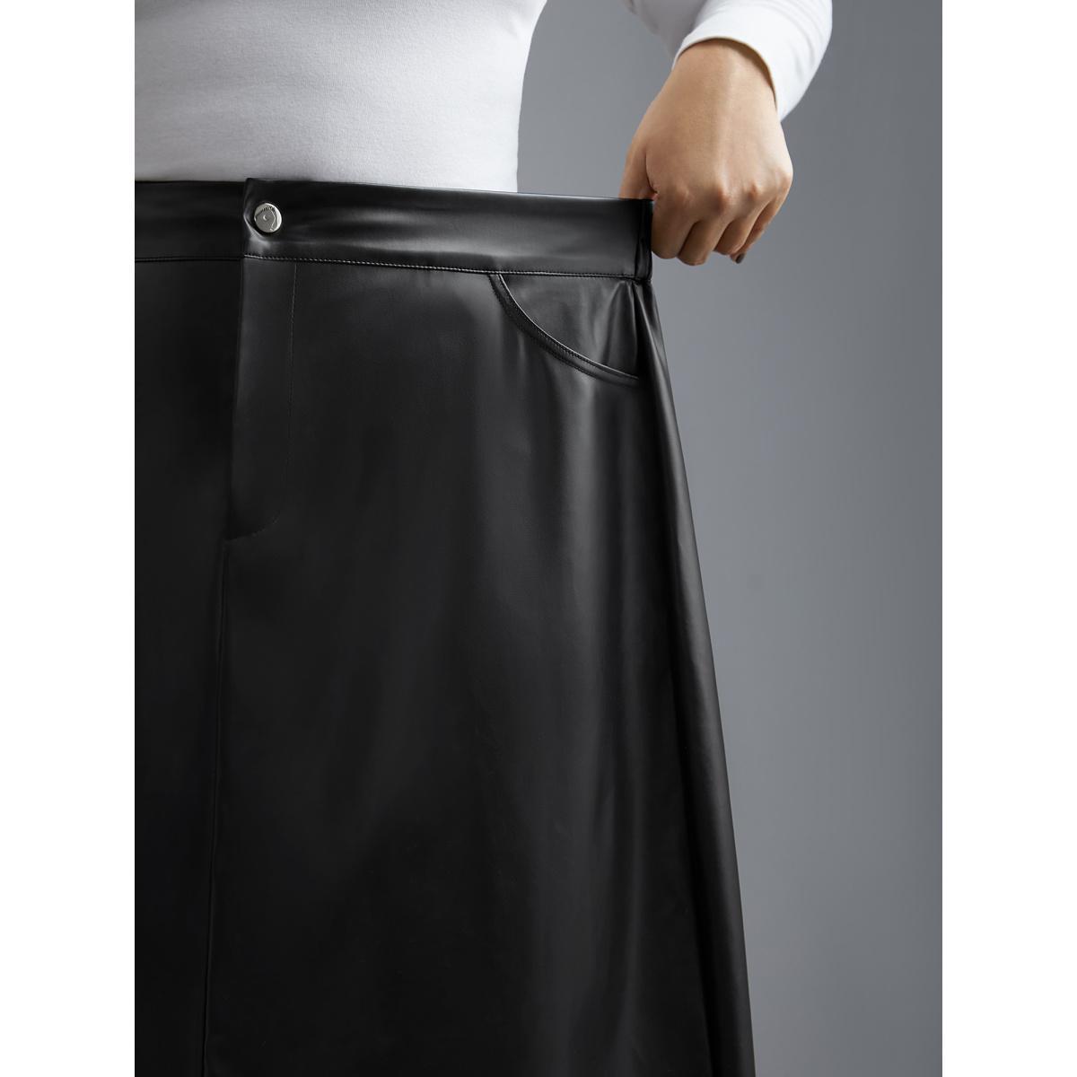 Plus Size PU Leather Elastic Waist Split Hem Skirt Women Black Elegant Slit Low stretch Slanted pocket Everyday Skirts BloomChic 26/4X Product Image