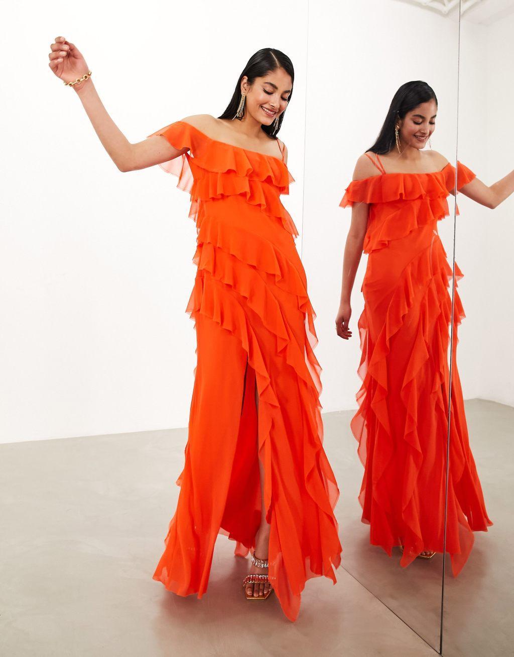 ASOS EDITION chiffon bardot ultimate ruffle maxi dress Product Image