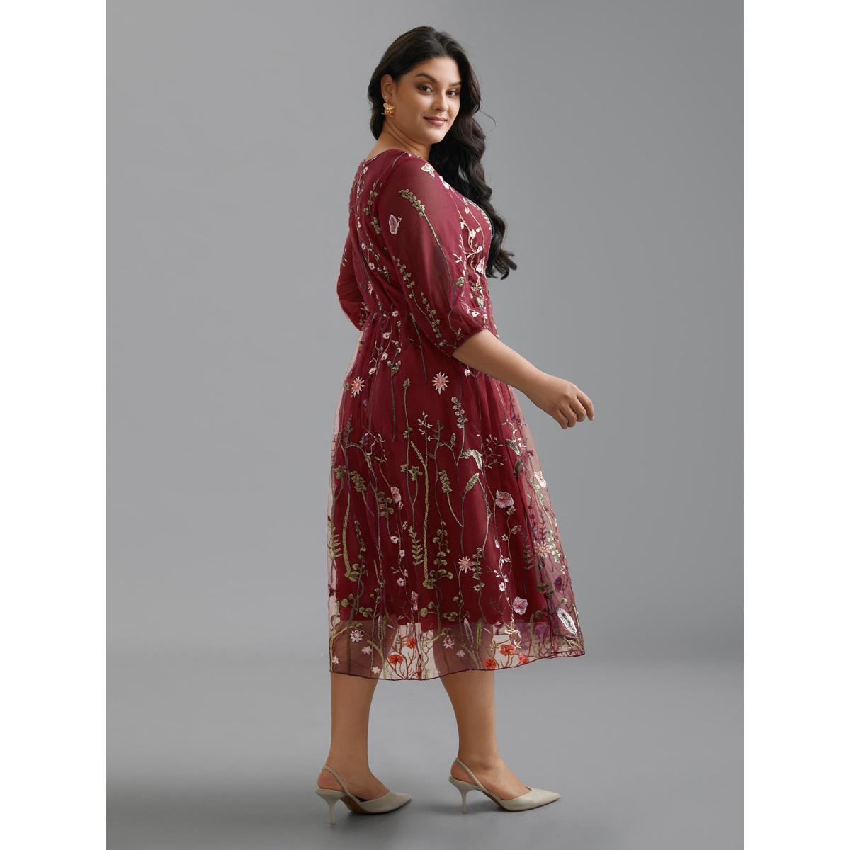 Plus Size Floral Embroidered Elastic Waist Lined Midi Dress Burgundy Women Cocktail Texture Party Curvy Bloomchic 30/6X Product Image