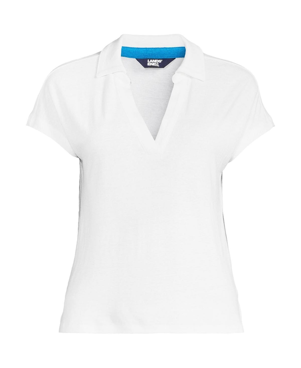 Women's Lands' End Linen Blend Johnny Collar Polo Shirt, Size: Medium, Brown Breton Stripe Product Image
