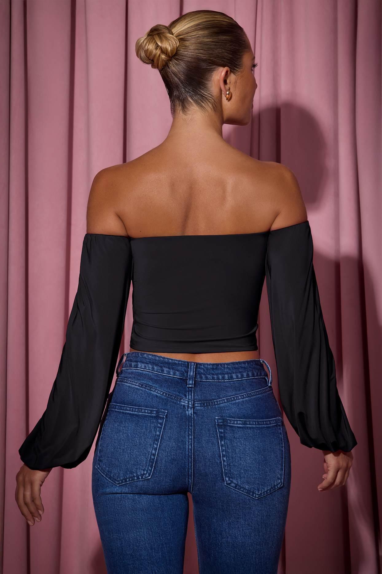 Off-Shoulder Draped Balloon-Sleeve Top in Black Product Image