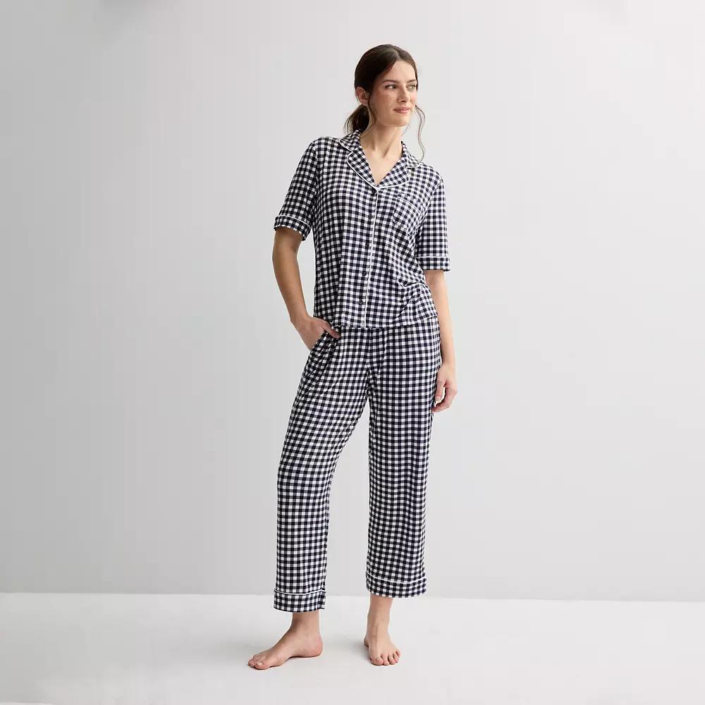 Women's Draper James 2-Piece Cozy Elbow Sleeve Notch Pajama Top and Pajama Pants Set, Size: Small, Blue Gingham Product Image