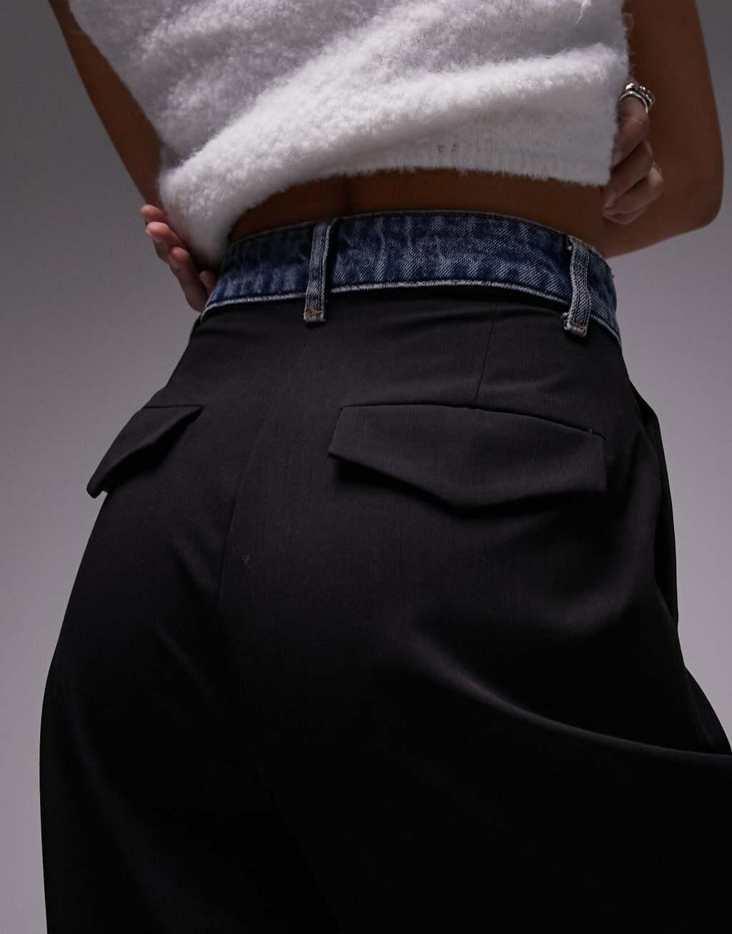 Topshop contrast denim waistband straight leg pants in black Product Image
