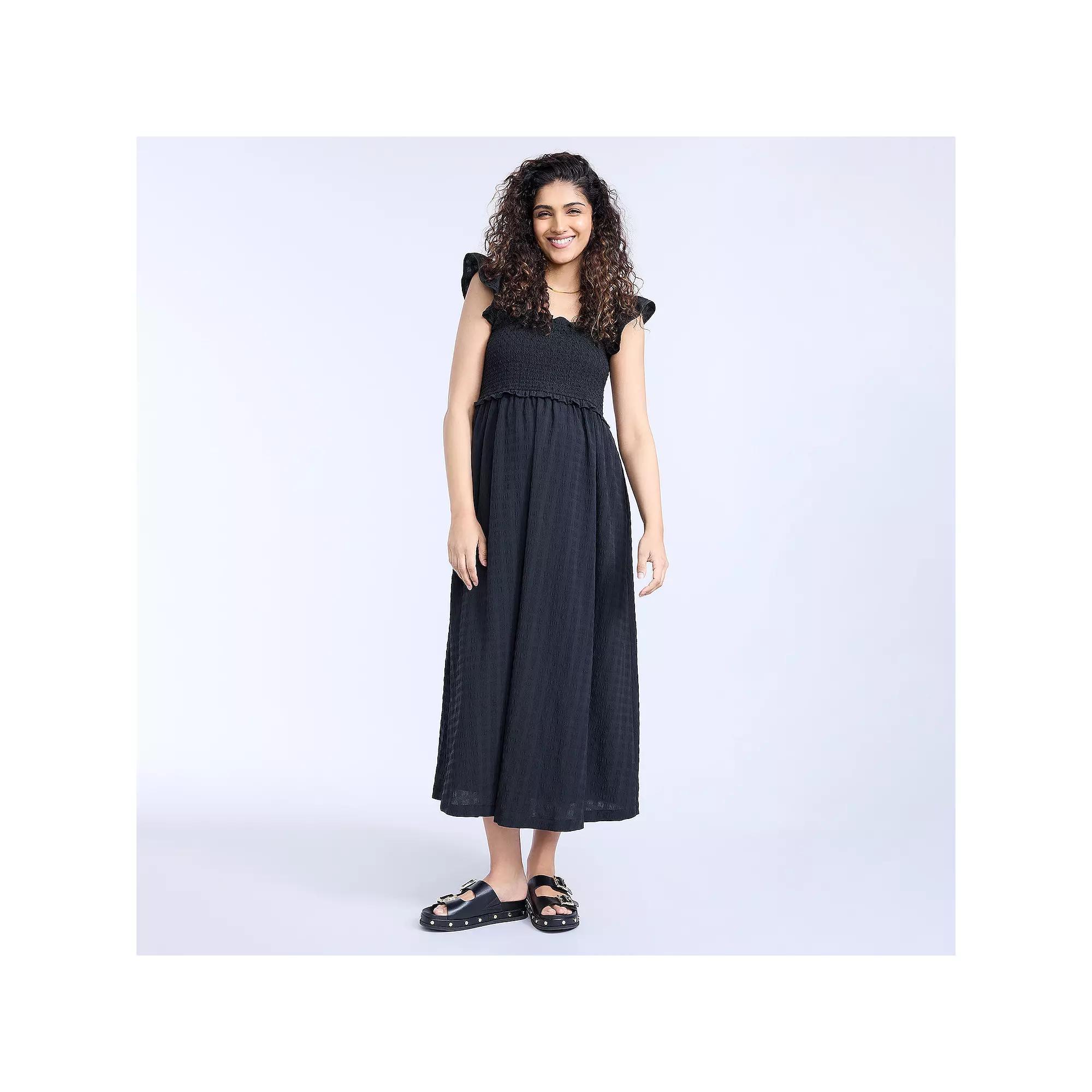 Maternity Motherhood® Sleeveless Ruffle Shoulder Smocked Dress, Women's, Size: Medium-Mat, Black Product Image