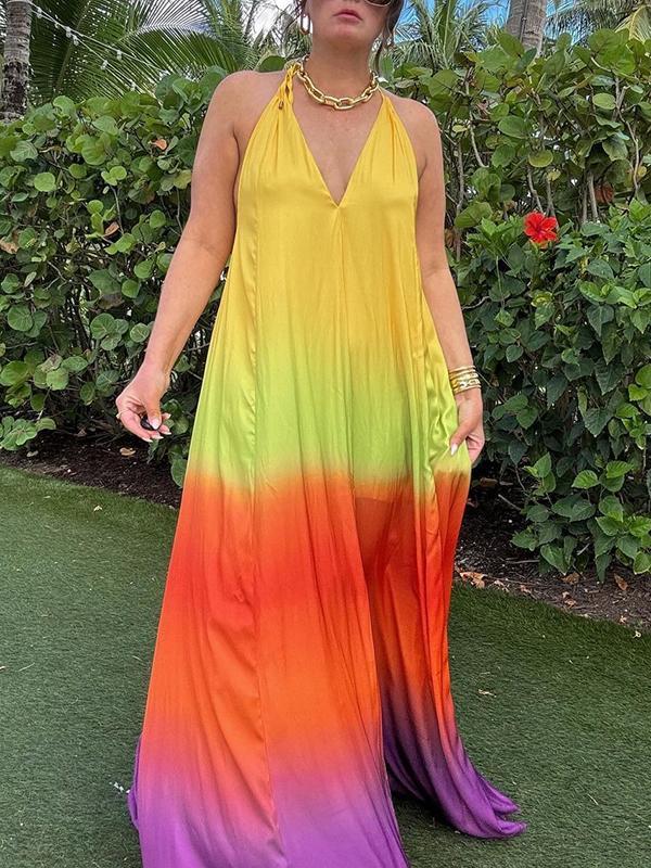 Loose Sleeveless Backless Contrast Color Pleated Split-Joint Tied Spaghetti-Neck Maxi Dresses Product Image