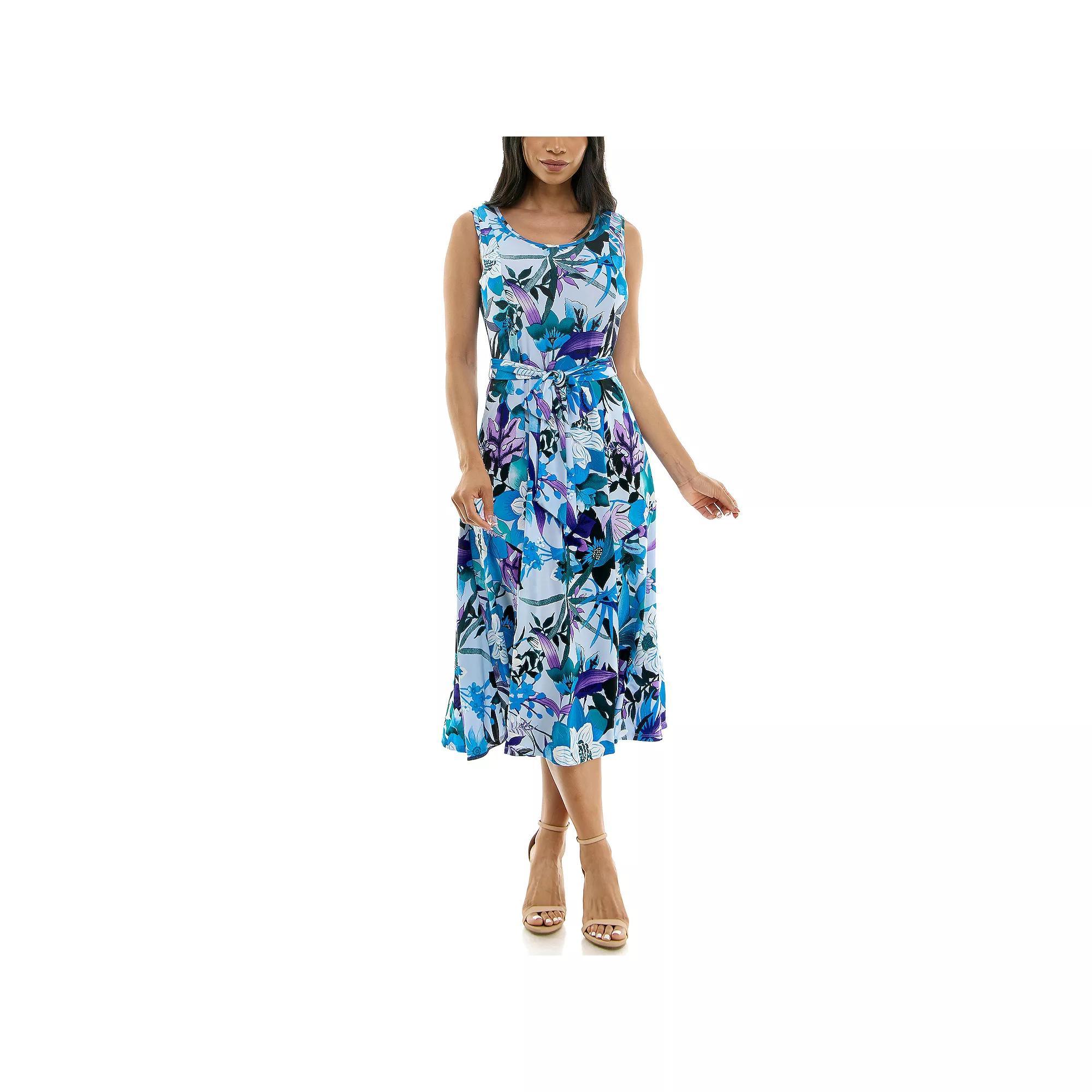 Women's Nina Leonard Belted Sleeveless Print Midi Dress, Size: XL, Brown Team Product Image