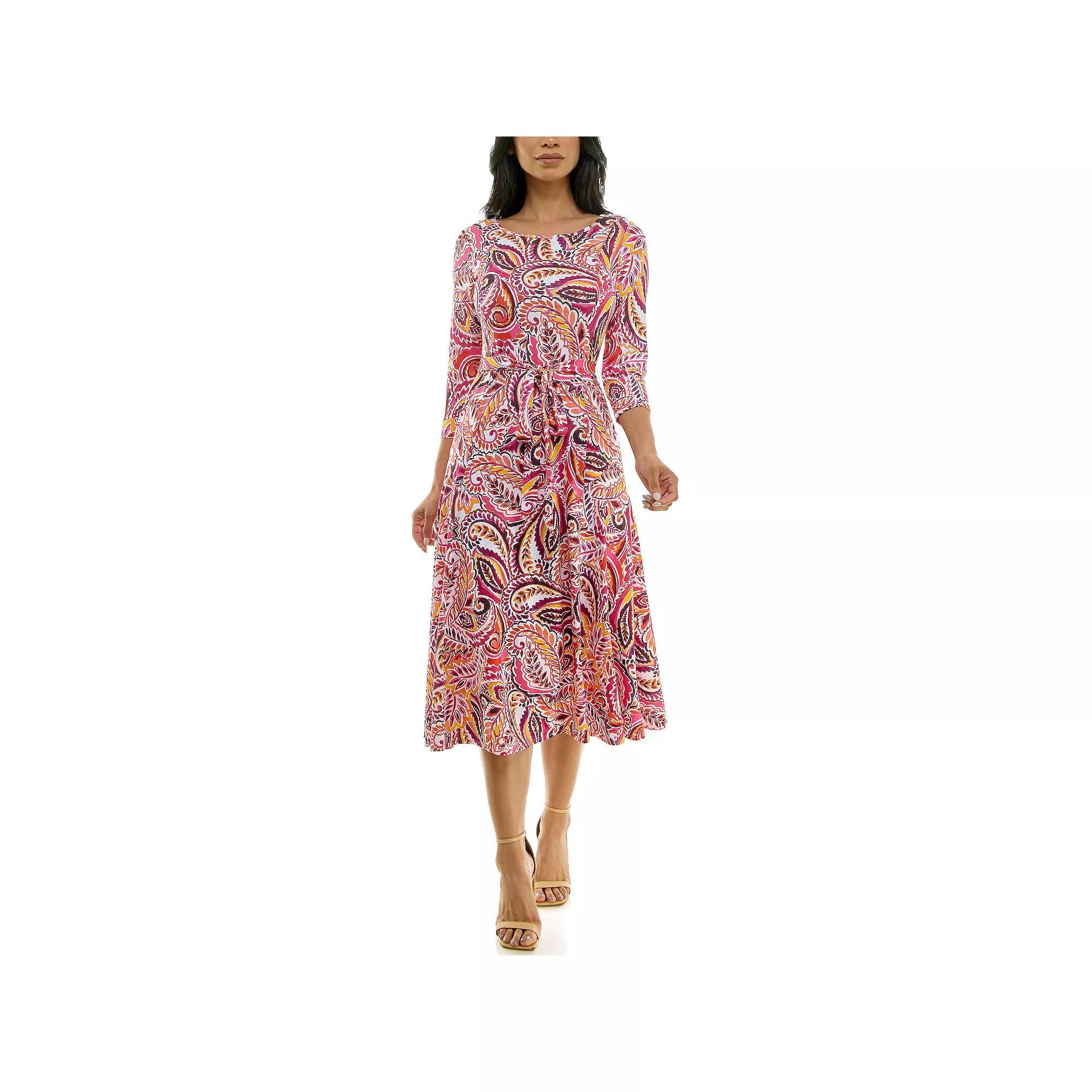 Women's Nina Leonard Sylvia Midi Dress With Belt, Size: Small, Orange White Product Image