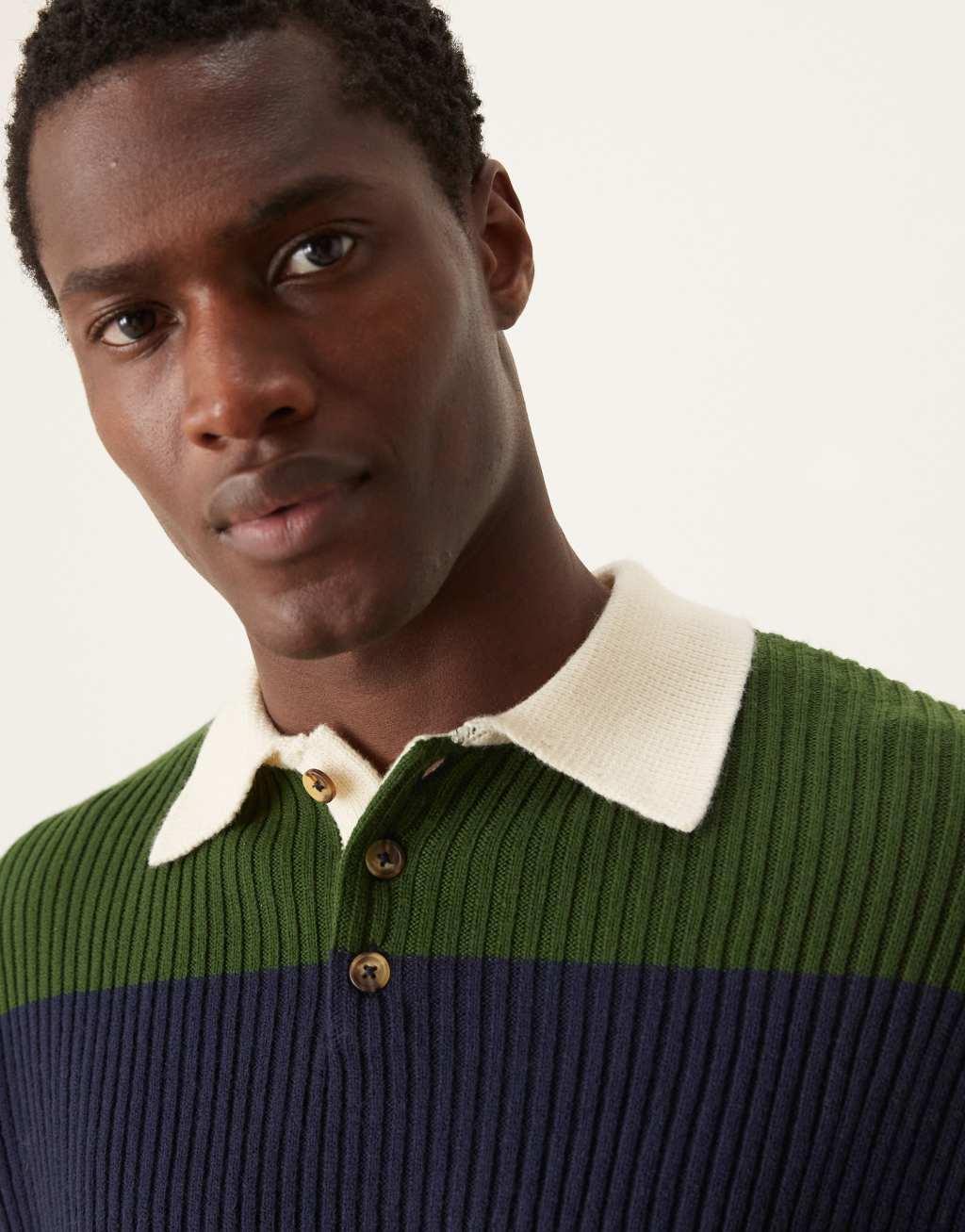 ASOS DESIGN relaxed knitted rugby polo in green and navy stripe Product Image