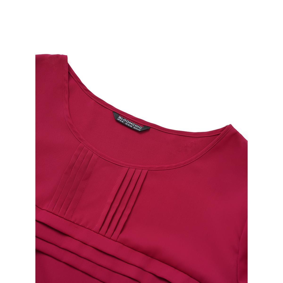 Plus Size RedViolet Solid Pleated Crew Neck Blouse Women Work From Home Short sleeve Round Neck Work Blouses BloomChic 10/M Product Image